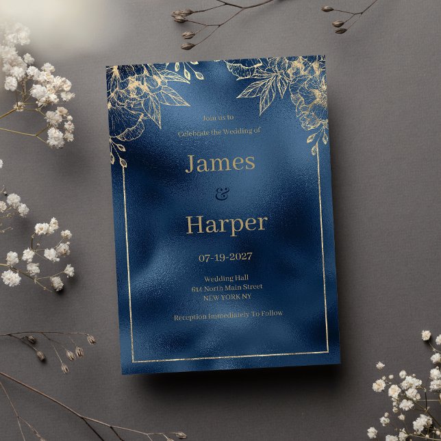 Metallic navy blue gradient gold floral Wedding Invitation (Metallic navy blue gradient gold floral Wedding)