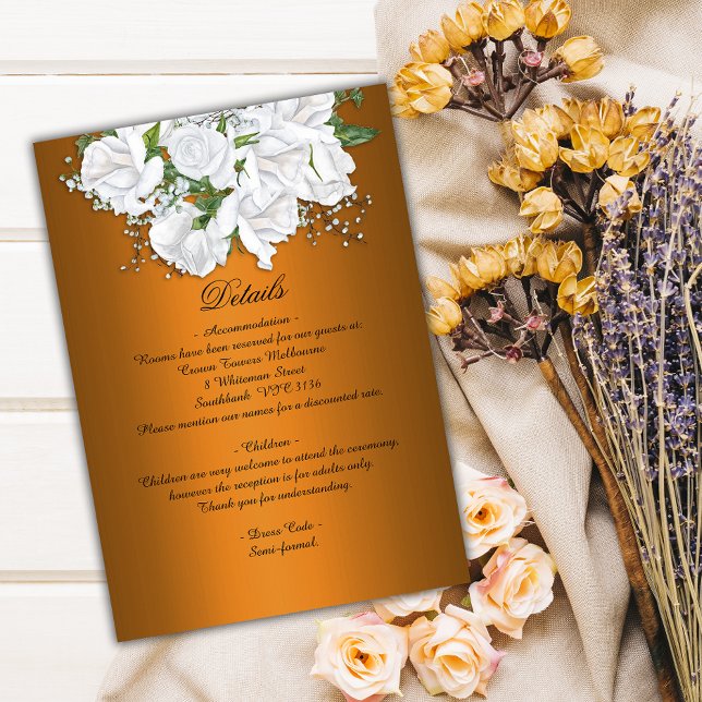 Metallic Orange and White Roses Wedding Details Enclosure Card (Creator Uploaded)
