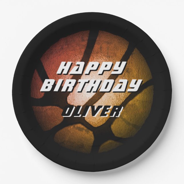 Metallic Orange Basketball Ball Birthday Paper Plate (Front)