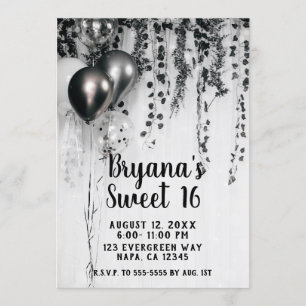 Metallic Party Balloons Rustic Ivy White Sweet 16 Invitation