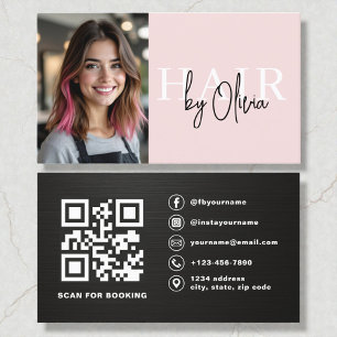 Metallic Photo QR Code Hair Stylist Blush Pink Business Card