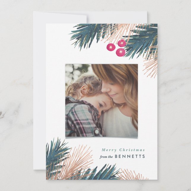 Metallic Pine Boughs and Berries Christmas Card (Front)