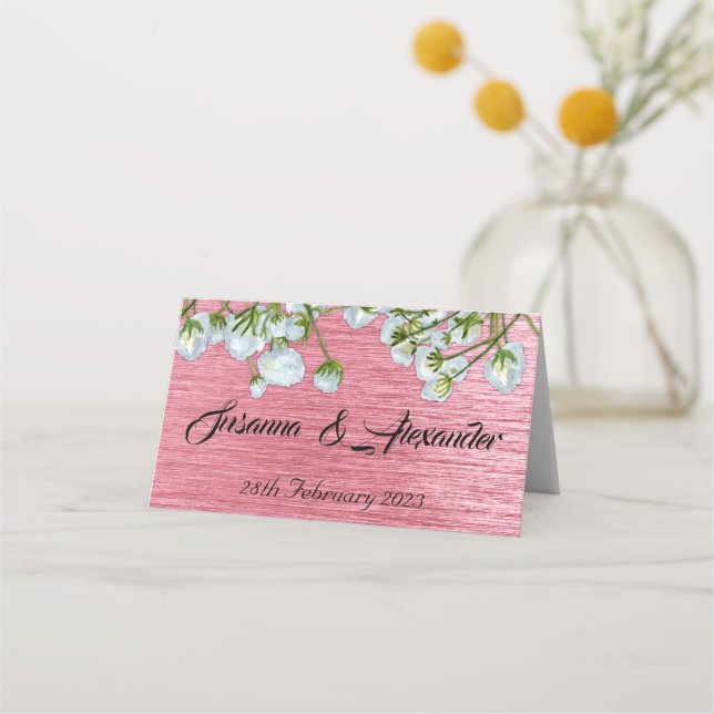 Metallic Pink and White Floral Wedding Place Card (Front)