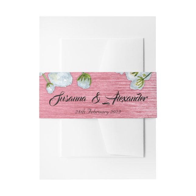 Metallic Pink and White Roses Wedding Invitation Belly Band (Front Example)