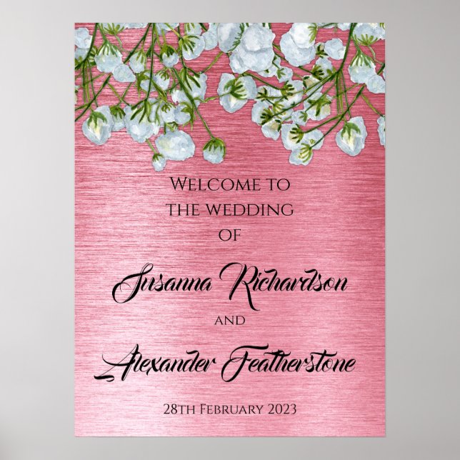 Metallic Pink and White Roses Wedding Welcome Poster (Front)