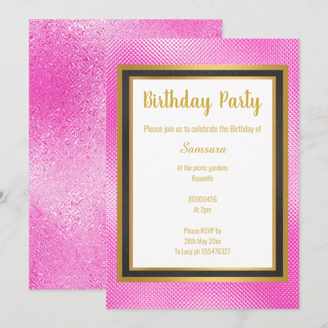 METALLIC PINK BLACK & GOLD EMBOSSED BIRTHDAY INVITATION (Front/Back)