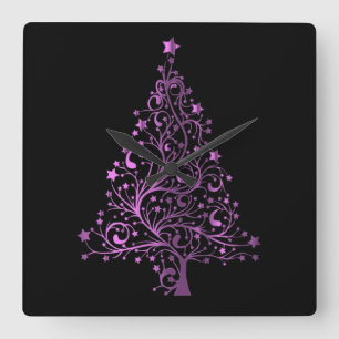 Metallic Pink Black Stars Christmas Tree Elegant Square Wall Clock