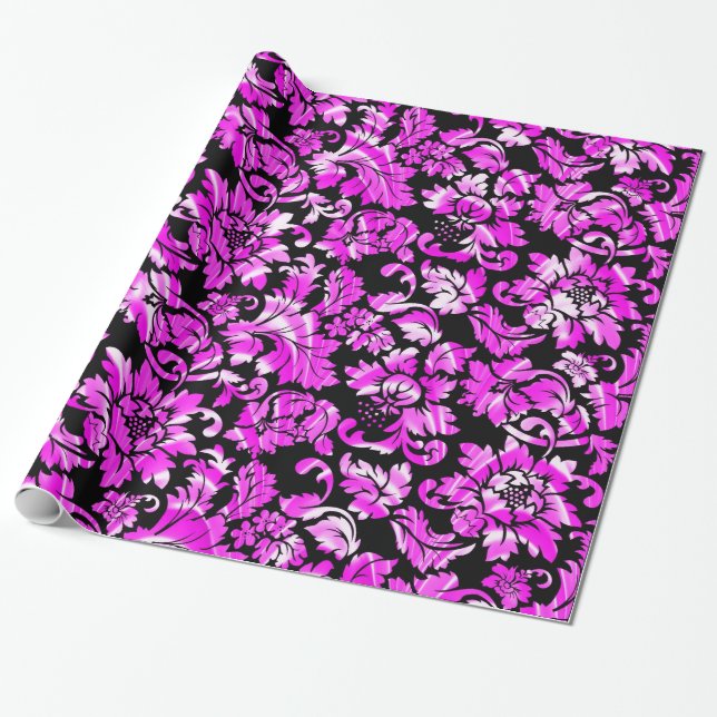 Metallic Pink Floral Damask Wrapping Paper (Unrolled)