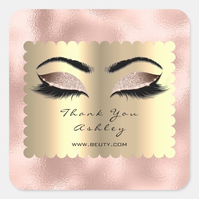Metallic Pink Glitter Gold Lash Eyes Thank You Square Sticker (Front)