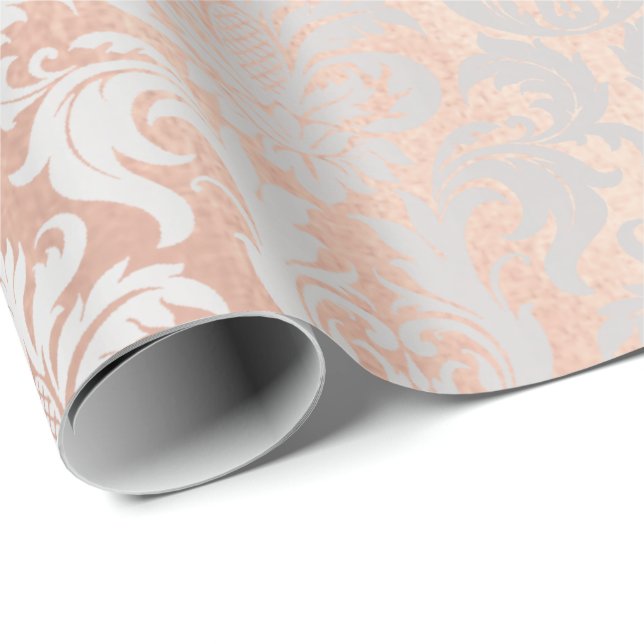 Metallic Pink Rose Gold Blush Gray Silver Damask Wrapping Paper (Roll Corner)