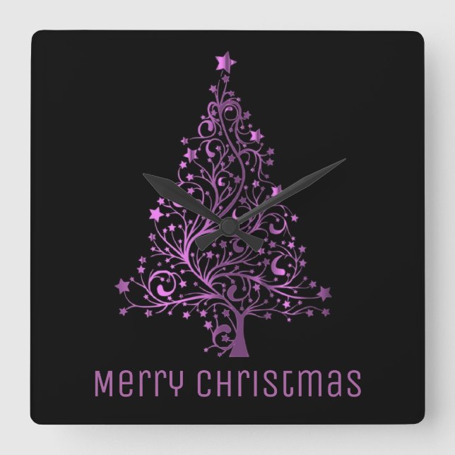 Metallic Pink Stars Christmas Tree Elegant Black Square Wall Clock (Front)