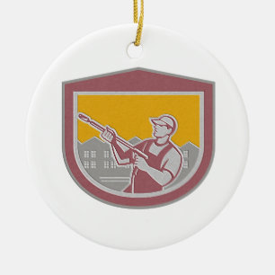 Metallic Pressure Washer Cleaner Worker Retro Shie Ceramic Tree Decoration