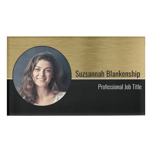 Metallic Professional Brushed Gold Custom Photo Name Tag (Front)