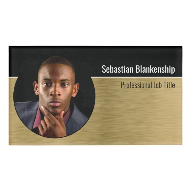 Metallic Professional Brushed Gold Custom Photo Name Tag (Front)