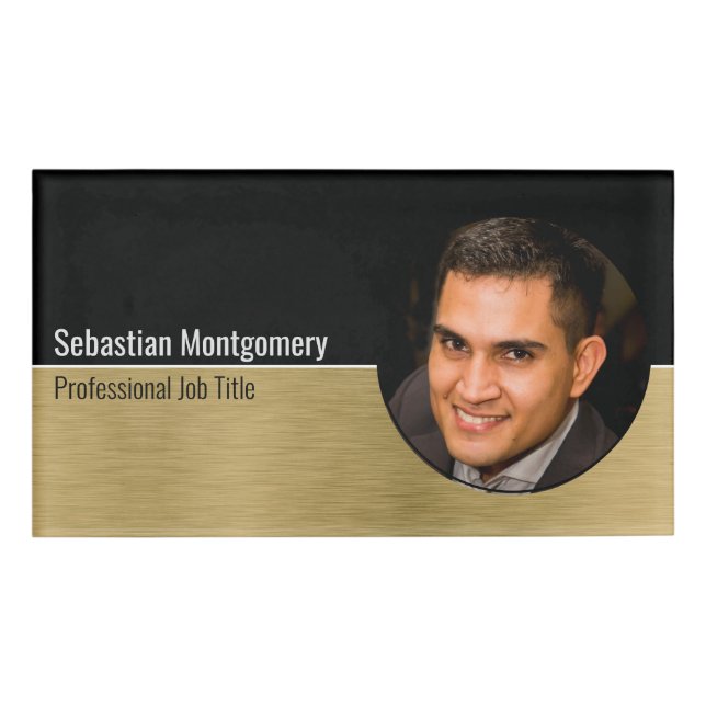 Metallic Professional Brushed Gold Custom Photo Name Tag (Front)