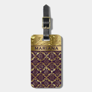 Metallic Purple And Gold Damasks & Swirls Luggage Tag