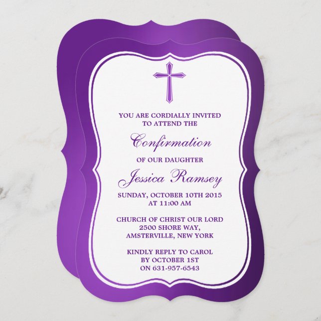 Metallic Purple Cross Holy Communion Confirmation Invitation (Front/Back)