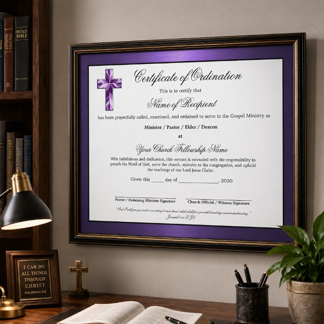 Metallic Purple Elder Certificate of Ordination (Foil is simulated in artwork, no metal is used in this product. Framed image is enlarged for detail.)