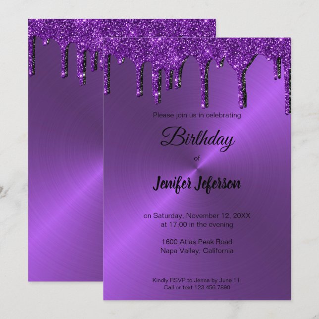 Metallic purple glitter Birthday Invitation (Front/Back)
