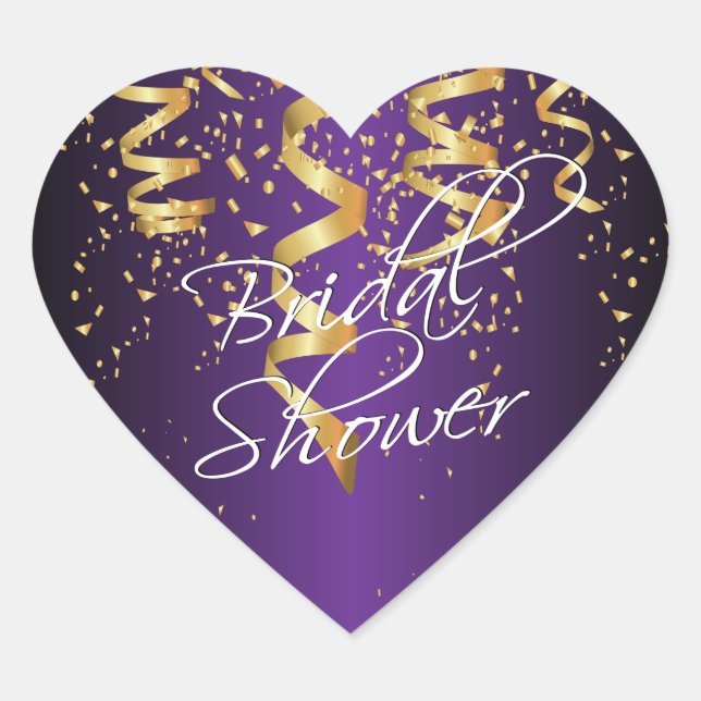 Metallic Purple Gold Confetti Bridal Shower Heart Sticker (Front)