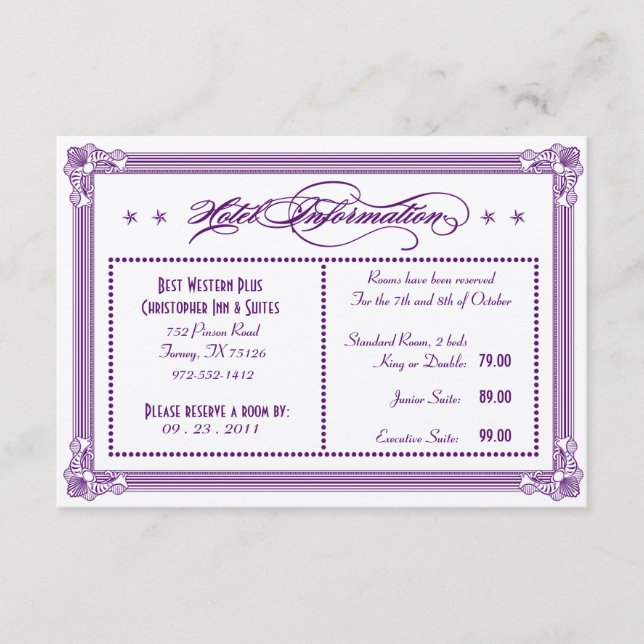 Metallic Purple & Gold Hotel Information Enclosure Card (Front)