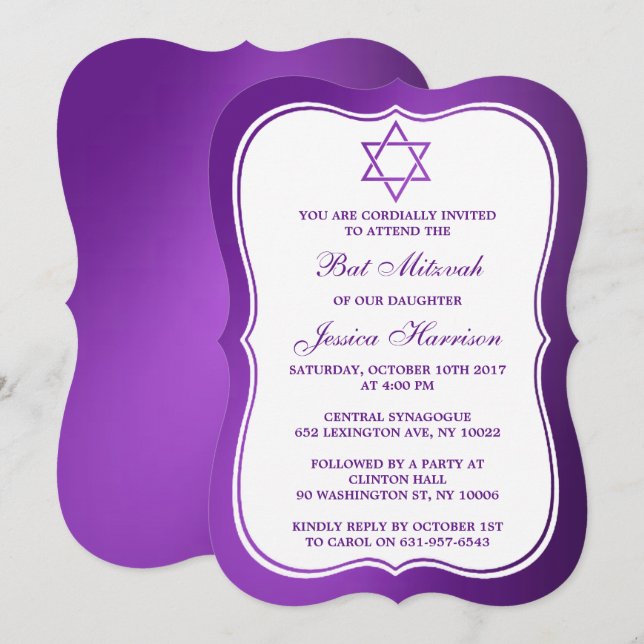 Metallic Purple Jewish Star Of David Bat Mitzvah Invitation (Front/Back)