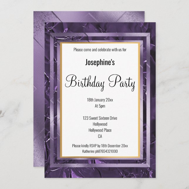METALLIC PURPLE LAYER FOIL BIRTHDAY INVITATION (Front/Back)