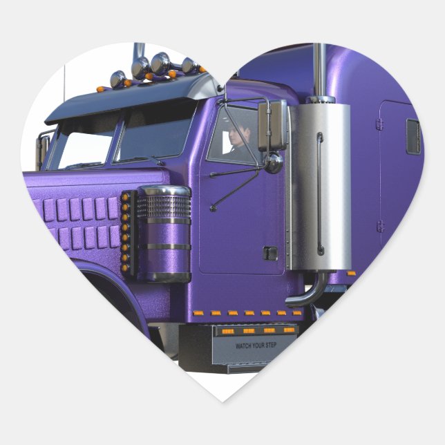 Metallic Purple Semi Tractor Trailer Truck Heart Sticker (Front)