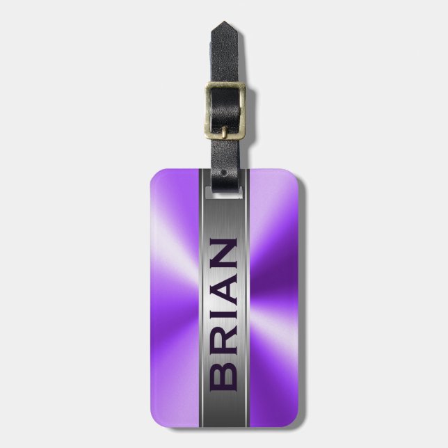 Metallic Purple & Silver Brushed Aluminium Look Luggage Tag (Front Vertical)