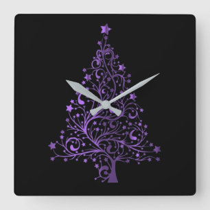 Metallic Purple Stars Christmas Tree Elegant Black Square Wall Clock