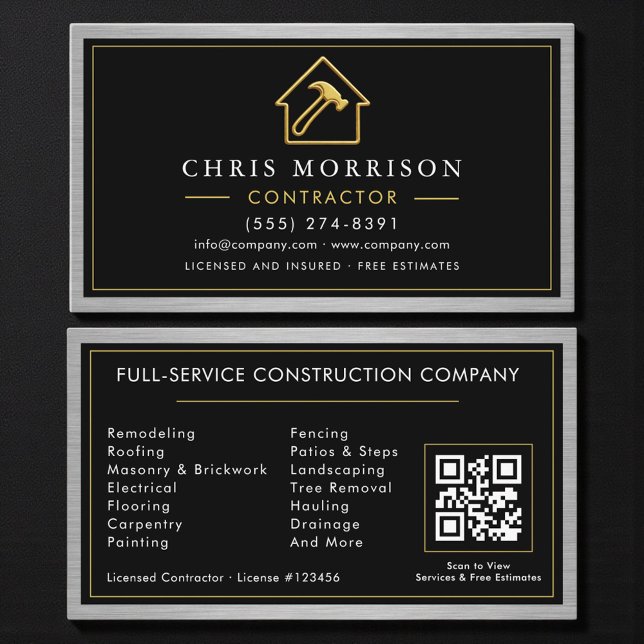Metallic QR Code Black Building Construction  Business Card (Creator Uploaded)