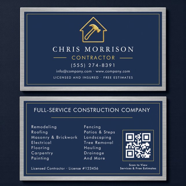 Metallic QR Code Building Construction Navy Blue Business Card (Creator Uploaded)