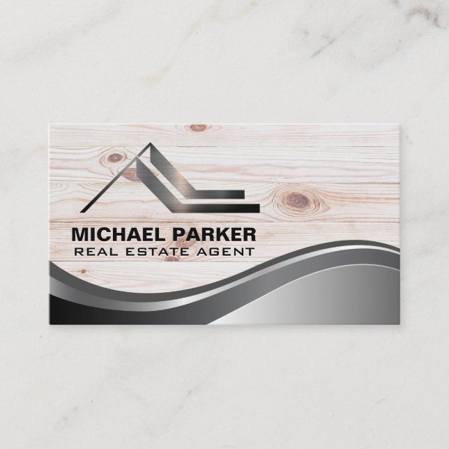 Metallic Real Estate Logo | Wood Boards Business Card (Front)