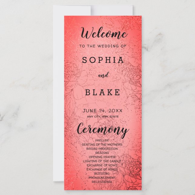 Metallic Red and Floral Wedding Program (Front)