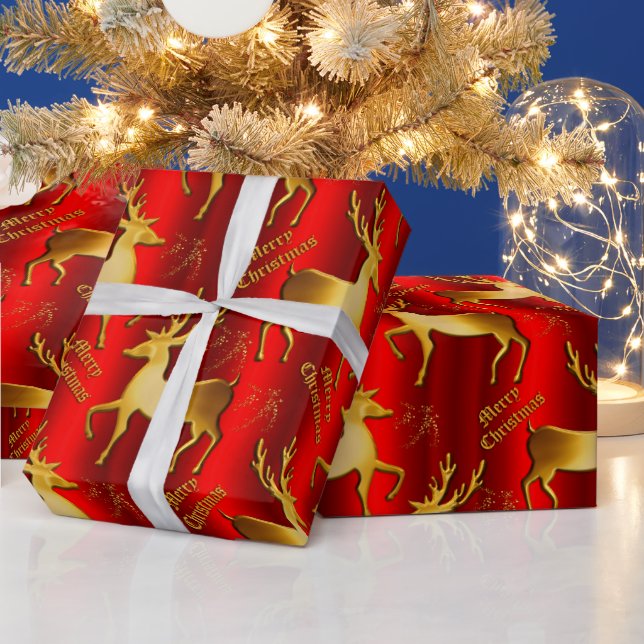 Metallic Red and Golden Reindeer Christmas Wrapping Paper (Holidays)