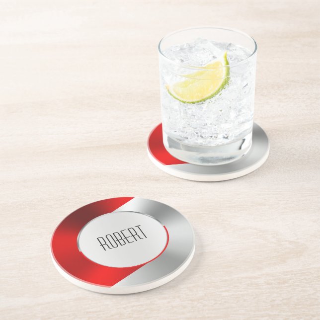 Metallic red and silver geometric design coaster (Side)