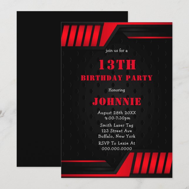 Metallic Red Black 13th Birthday Party Invites (Front/Back)