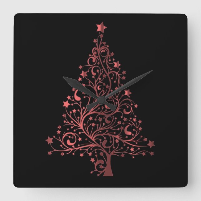 Metallic Red Black Stars Christmas Tree Elegant Square Wall Clock (Front)