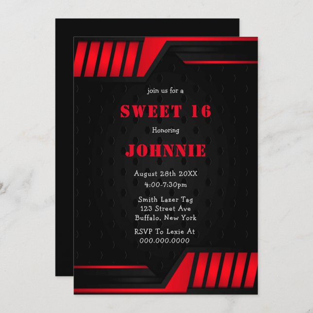Metallic Red Black Sweet 16 Birthday Party Invites (Front/Back)