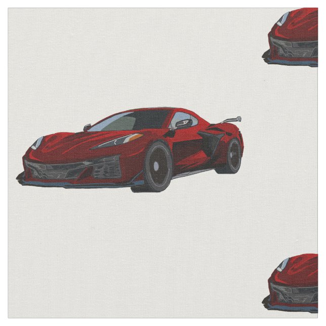 Metallic Red C8 Corvette Hand Drawn Sketch Fabric (Close Up)