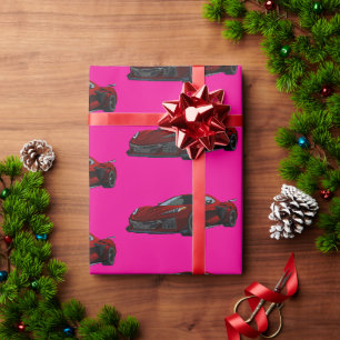 Metallic Red C8 Corvette Sports Car Hand Drawn Wrapping Paper