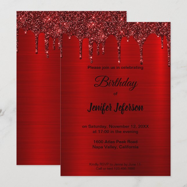 Metallic red glitter Birthday Invitation (Front/Back)