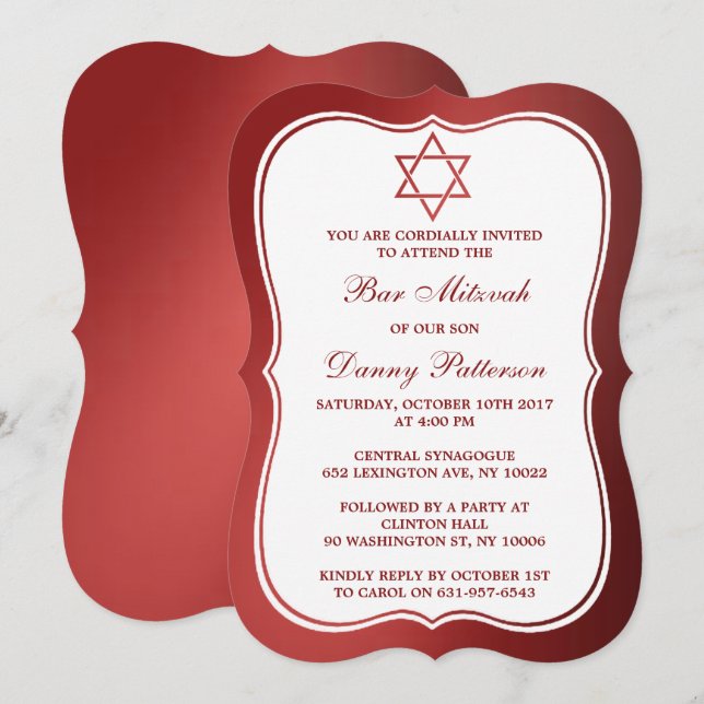 Metallic Red Jewish Star Of David Bar Mitzvah Invitation (Front/Back)
