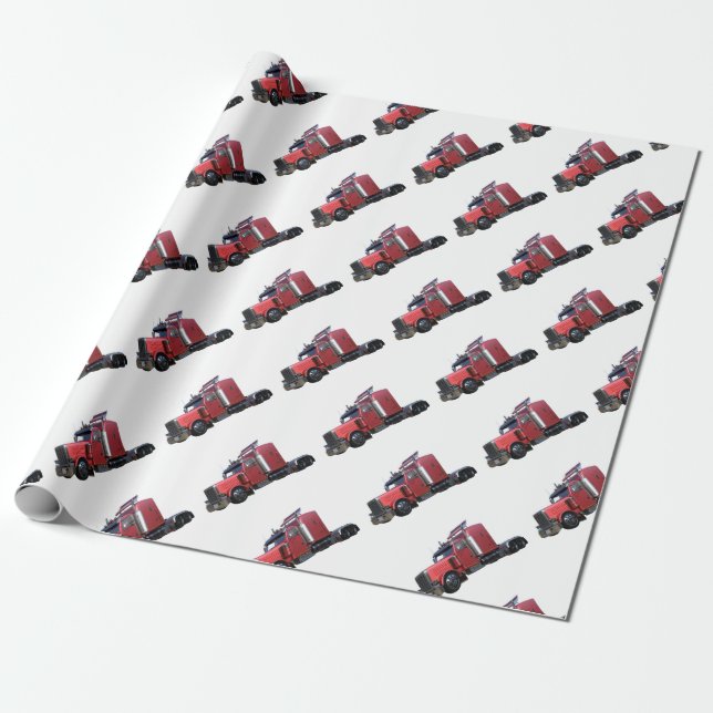 Metallic Red Semi Tractor Traler Truck Wrapping Paper (Unrolled)