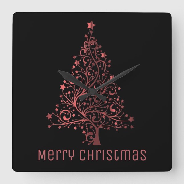 Metallic Red Stars Christmas Tree Elegant Black Square Wall Clock (Front)