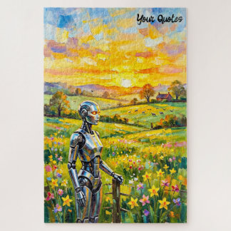 Metallic Robot in Sunset Meadow Oil Painting Jigsaw Puzzle
