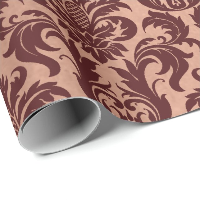 Metallic Rose Gold Copper Burgundy Maroon Damask Wrapping Paper (Roll Corner)