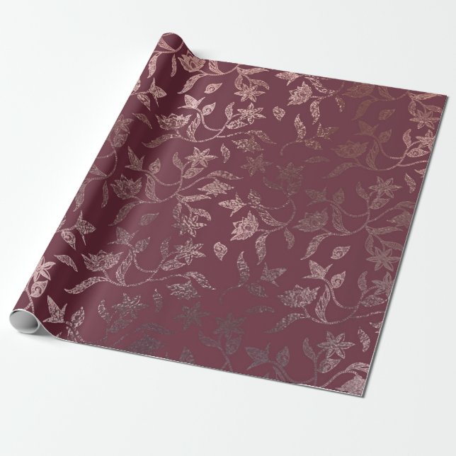 Metallic Rose Gold Floral Vine Pattern on Deep Bur Wrapping Paper (Unrolled)