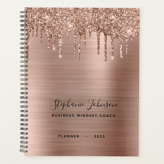 Metallic Rose Gold Glitter Drip Boss Lady Annual Planner (Front)