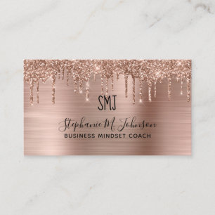 Metallic Rose Gold Glitter Drip Monogram Logo Business Card
